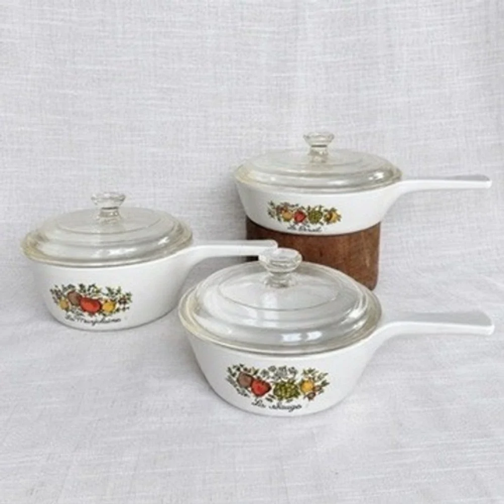 Vintage Corning Ware Spice of Life 3-Piece Set Menuette Skillet Saucepans & LIDS